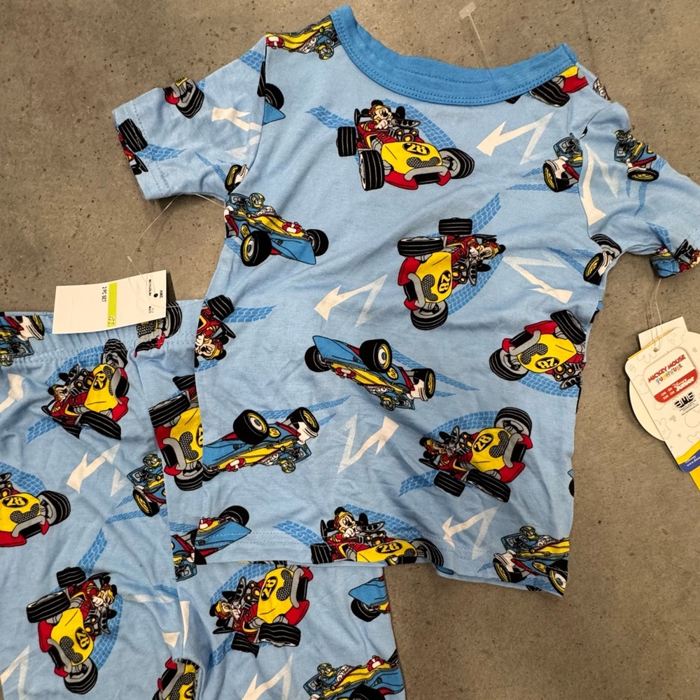 Disney Mickey Mouse Bamboo Pajama Set Size 4T Blue Snug Fit NWT Race Car Print